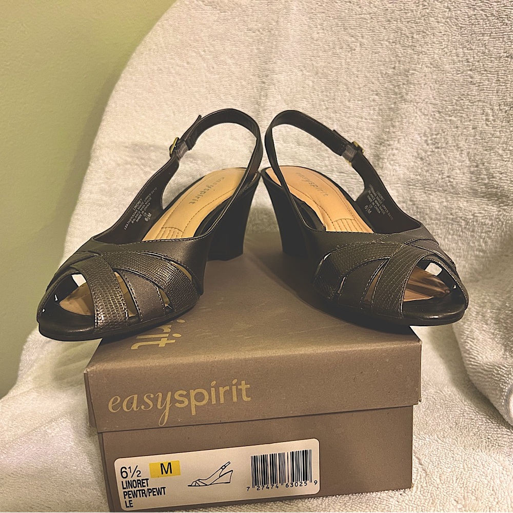 Easy Spirit pewter heeled sandals.